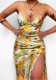 Women Summer Yellow Sweet Strap Sleeveless Floral Print Slit Midi Asymmetrical Holiday Dress