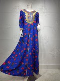 Women Spring Blue Arab Dubai Middle East Turkey Morocco Floral Print Islamic Clothing Kaftan Abaya Muslim Dress