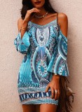 Women Summer Blue Casual Off-the-shoulder Full Sleeves Floral Print Straps Midi Loose Holiday Smock Dress