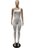 Women Summer White Sexy One Shoulder Sleeveless Solid Full Length Skinny Jumpsuit