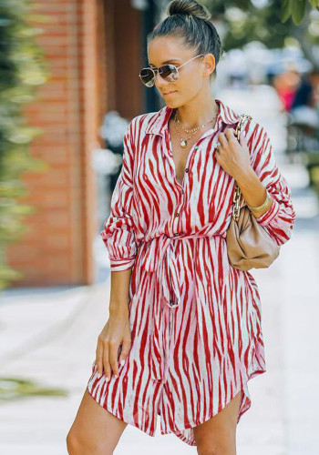 Women Summer Red Turn-down Collar Full Sleeves Striped Print Belted Mini Loose Casual Dress