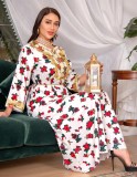 Women Spring White Arab Dubai Middle East Turkey Morocco Floral Print Islamic Clothing Kaftan Abaya Muslim Dress