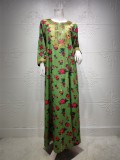Women Spring Green Arab Dubai Middle East Turkey Morocco Floral Print Islamic Clothing Kaftan Abaya Muslim Dress