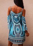 Women Summer Blue Casual Off-the-shoulder Full Sleeves Floral Print Straps Midi Loose Holiday Smock Dress