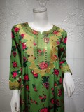 Women Spring Green Arab Dubai Middle East Turkey Morocco Floral Print Islamic Clothing Kaftan Abaya Muslim Dress