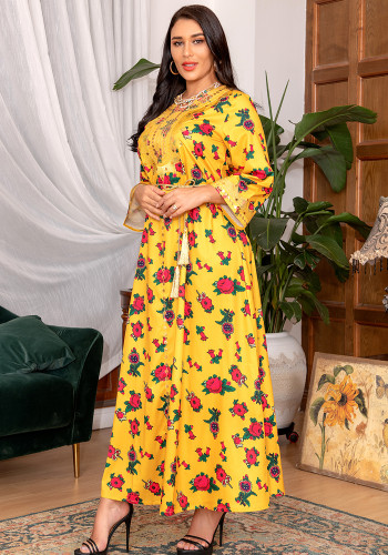 Women Spring Yellow Arab Dubai Middle East Turkey Morocco Floral Print Islamic Clothing Kaftan Abaya Muslim Dress