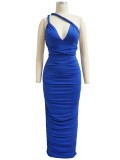 Spring Blue Sexy Halter Sleeveless Solid Ruched Lace Up Sheath Midi Dress