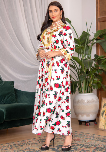 Frauen Frühling Weiß Araber Dubai Mittlerer Osten Türkei Marokko Blumendruck Islamische Kleidung Kaftan Abaya Muslimisches Kleid