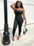 Women Spring Black Sexy One Shoulder Sleeveless Solid Full Length Skinny Jumpsuit