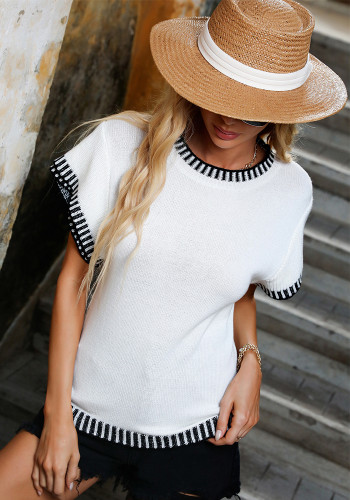 Camiseta feminina verão casual branca com gola redonda mangas curtas de tricô normal