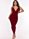 Women Summer Burgunry Sexy Straps Sleeveless Solid Ruched Lace Up Sheath Midi Dress