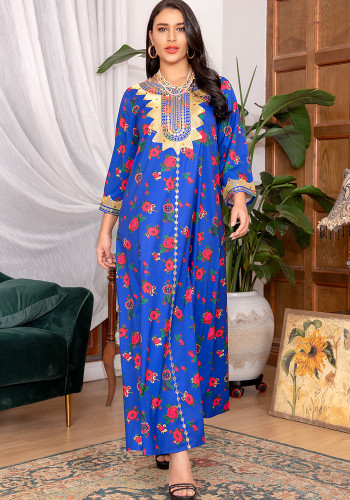 Mujeres Primavera Azul Árabe Dubai Medio Oriente Turquía Marruecos Estampado floral Ropa islámica Kaftan Abaya Vestido musulmán