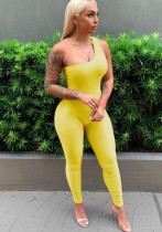 Frauen-Sommer-Gelb, sexy, eine Schulter, ärmelloser, fester, dünner Overall in voller Länge