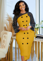 Women Spring Yellow Formal O-Neck Full Sleeves Dot Print Pencil Midi Dress