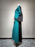 Women Spring Blue Print Fringed Islamic Clothing Kaftan Abaya Muslim Dress