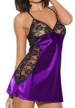 Women Summer Purple Satin Lace Straps Nightdress Lingerie