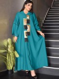 Women Spring Blue Print Fringed Islamic Clothing Kaftan Abaya Muslim Dress