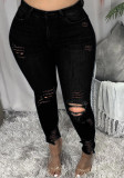 Women Spring Black Straight Ripped Jeans Pants