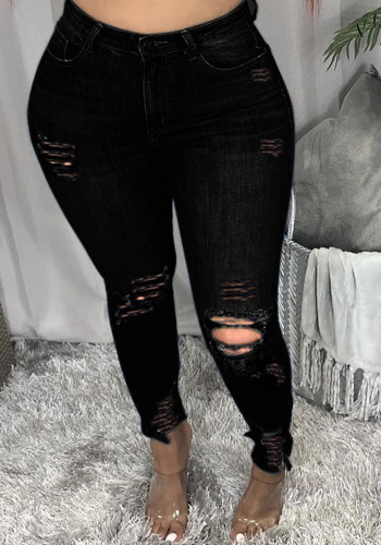 Kadın Bahar Siyah Düz Yırtık Kot Pantolon