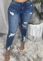 Kadın Bahar Mavi Düz Yırtık Kot Pantolon