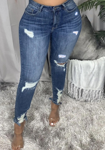 Kadın Bahar Mavi Düz Yırtık Kot Pantolon