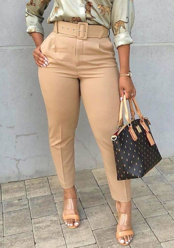 Pantaloni da abito da donna con cintura a vita alta dritti color cachi primaverili