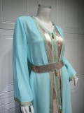 Women Spring Blue Tape Belted Islamic Clothing Kaftan Abaya Muslim Dress two piece set