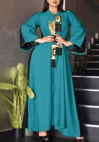 Abito musulmano in caftano Abaya con stampa blu primavera donna con frange