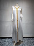 Women Spring Blue Tape Belted Islamic Clothing Kaftan Abaya Muslim Dress two piece set