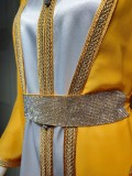 Women Spring Yellow Tape Belted Islamic Clothing Kaftan Abaya Muslim Dress two piece set