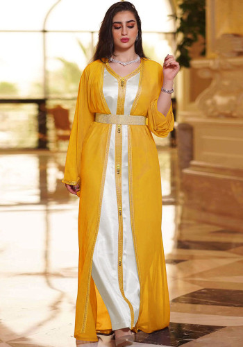 Kadın Bahar Sarı Bant Kuşaklı İslami Giyim Kaftan Abaya Müslüman Elbise iki parçalı set