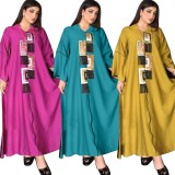Women Spring Yellow Print Fringed Islamic Clothing Kaftan Abaya Muslim Dress
