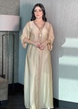 Women Spring Khaki Tape Embroidery Islamic Clothing Kaftan Abaya Muslim Dress