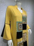 Women Spring Yellow Print Fringed Islamic Clothing Kaftan Abaya Muslim Dress