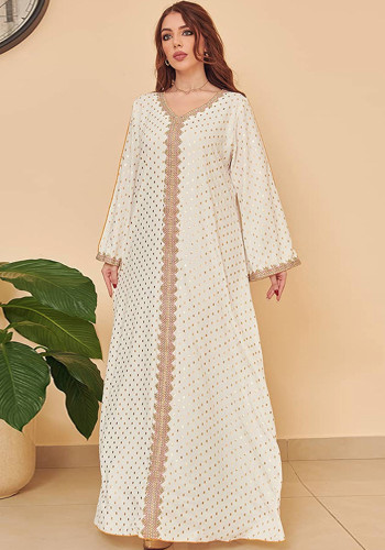 Women Spring Printed Tape Embroidery Islamic Clothing Kaftan Abaya Muslim Dress