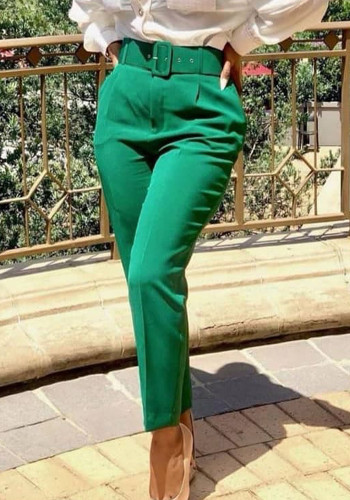 Calça feminina primavera verde reta cintura alta com cinto