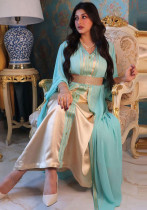 Женская Весенняя синяя лента с поясом, исламская одежда, кафтан, мусульманское платье Абая, комплект из двух предметов