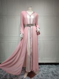Women Spring Pink Tape Belted Islamic Clothing Kaftan Abaya Muslim Dress two piece set