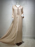 Women Spring Khaki Tape Embroidery Islamic Clothing Kaftan Abaya Muslim Dress