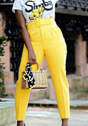 Frauen-Frühlings-Gelb-gerade hohe Taillen-Gürtel-Anzughose