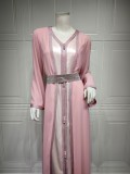 Women Spring Pink Tape Belted Islamic Clothing Kaftan Abaya Muslim Dress two piece set