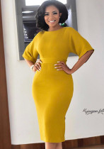 Mujer Verano Amarillo Formal O-cuello Mangas cortas Lápiz sólido Midi Vestidos