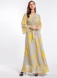 Women Spring Printed Embroidery Islamic Clothing Kaftan Abaya Muslim Dress