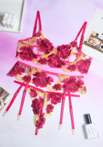 Conjunto de sujetador sexy de lencería con bordado de encaje de flores rosa para mujer