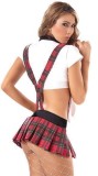Sexy School Girl White Top and White Plaid Print skirt with shoulder straps Costume Set