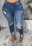 Women Spring Blue Straight Ripped Jeans Pants