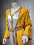 Women Spring Yellow Tape Belted Islamic Clothing Kaftan Abaya Muslim Dress two piece set