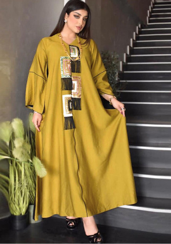 Kadınlar Bahar Sarı Baskı Saçaklı İslami Giyim Kaftan Abaya Müslüman Elbise