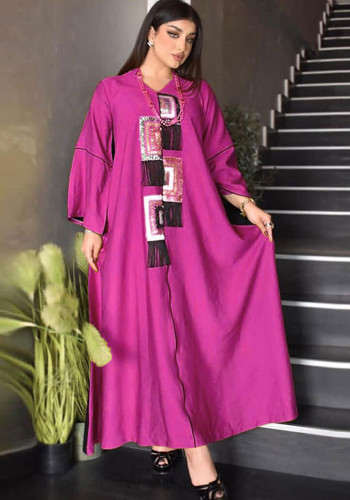 Abito islamico caftano Abaya con frange con stampa rosa da donna