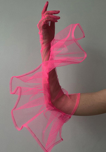 Guanti estivi da donna in maglia di colore rosa tinta unita trasparenti sopra le dita